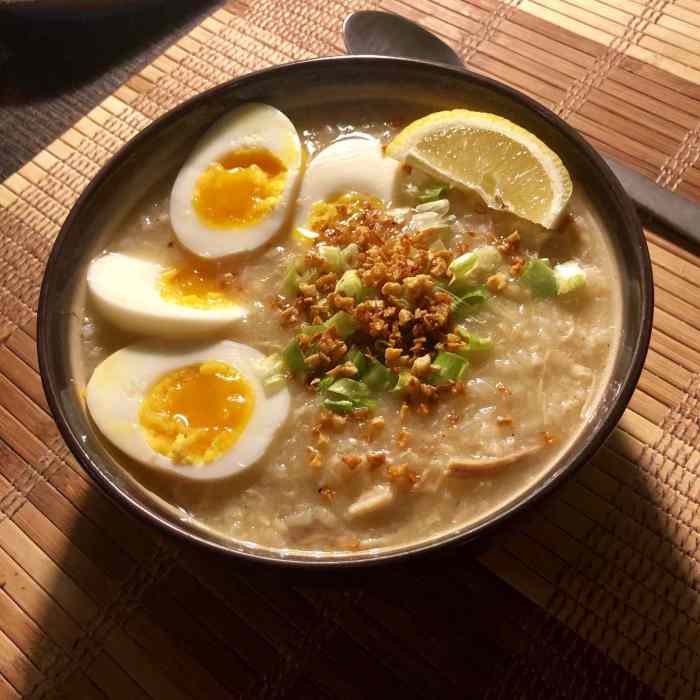 Caldo arroz filipino manok pinoy congee boiled kawalingpinoy flavorful snack filling broth flavored trimmings midday