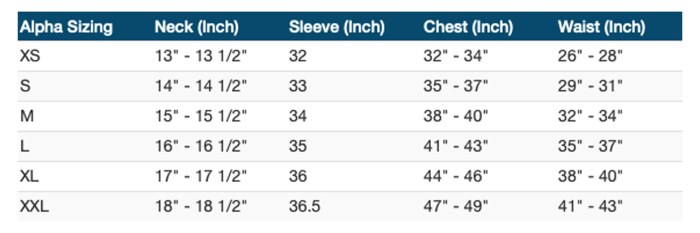 Measurements for men's dress shirts